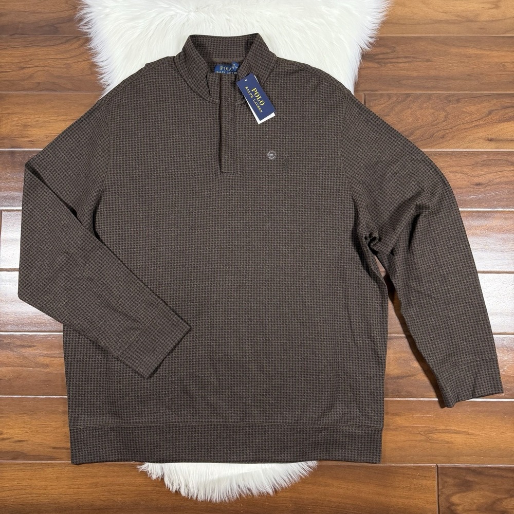 Polo Ralph Lauren Size XXL Brown Houndstooth Quarter Zip Luxury Jersey Pullover